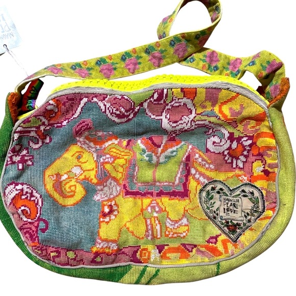 Magnolia Pearl Handbags - Magnolia Pearl Cirque Cross Stitch Oversized Bag Faux Fur Lining Yellow Zipper